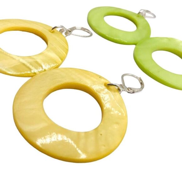 Natural Shell Green and Yellow Open Hoop Dangle Earrings - Picture 2 of 8